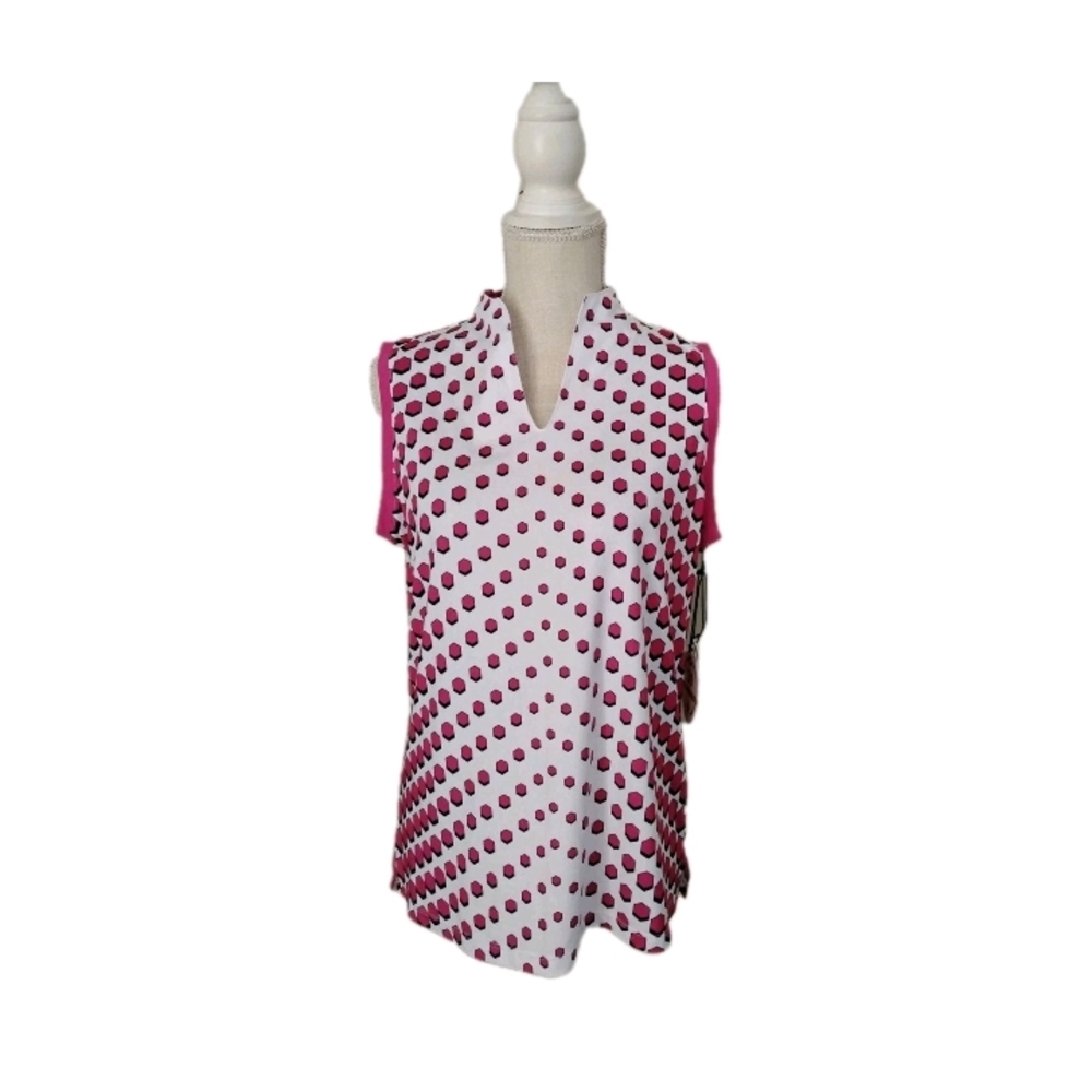 Tail White Label Sleeveless V-Neck Golf Top Geometric Pink White Size L NWT